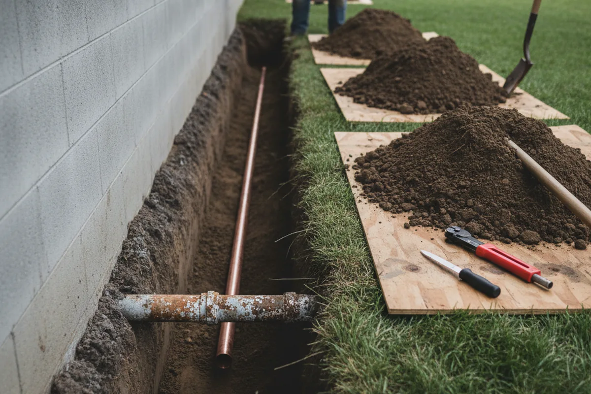 Excavated water line trench during Water Softener Installation in Grafton